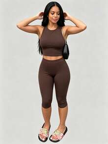 LovelyWholesale Women's Solid Color Crew Neck Tank Top & Shorts 2-Piece Set Summer Outfit Brown Elegant - Brown - View 1