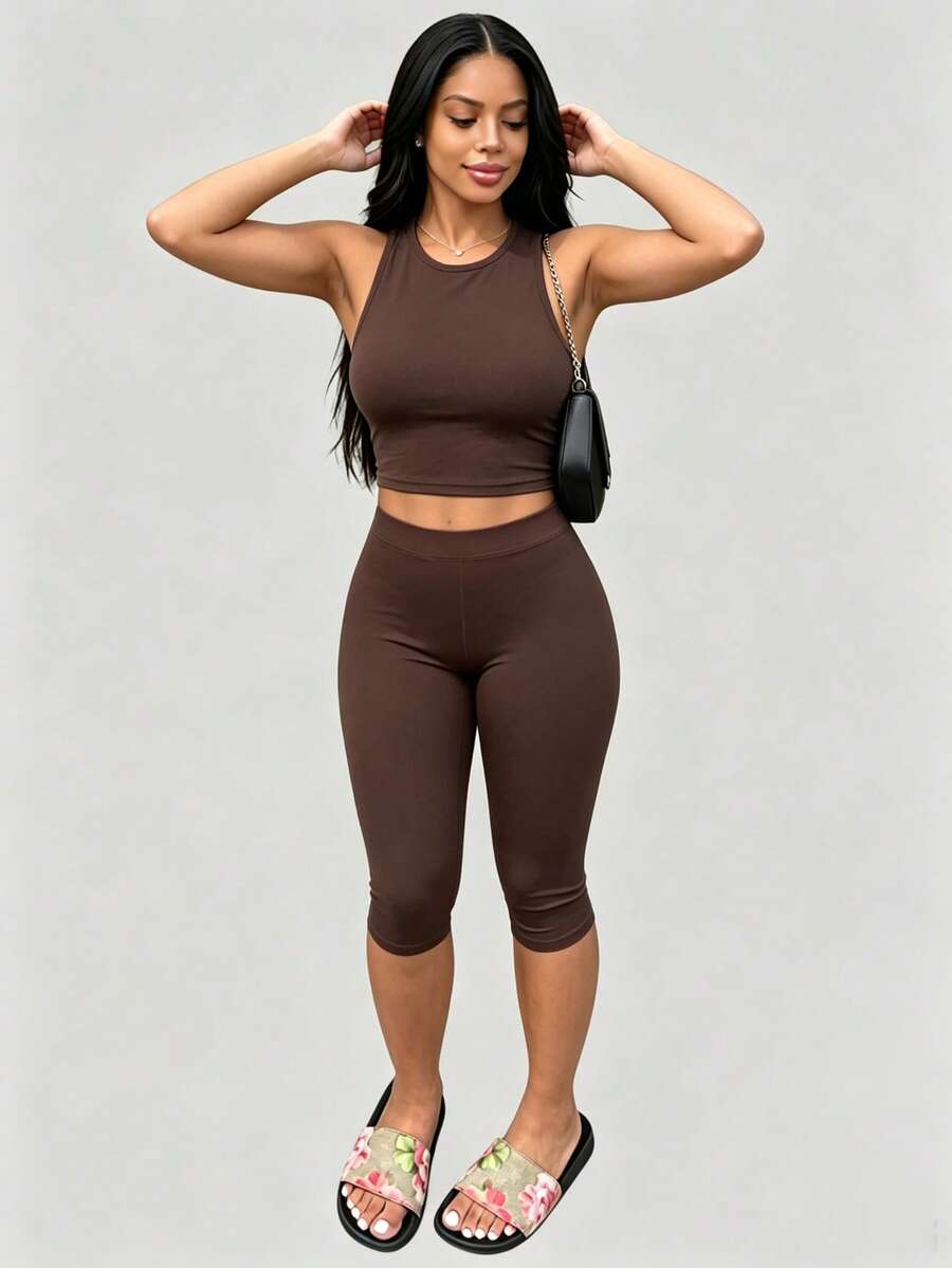 LovelyWholesale Women's Solid Color Crew Neck Tank Top & Shorts 2-Piece Set Summer Outfit Brown Elegant - Brown - View 1