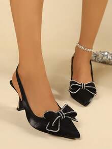 Women's Elegant Rhinestone Double Layer Bow Pointed Toe Slingback Sandals, Black Satin Backstrap High Heel Party Shoes - Black - View 5