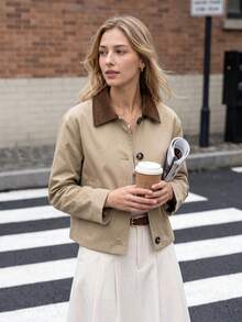 Autumn Outfit Khaki Jacket Colorblock Patchwork Fashion Casual Loose Outerwear - Khaki - View 5