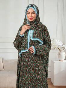 Muslim Floral Headscarf & Robe Set Arabic Ditsy Floral Abaya Dress Loose Casual Cover Up Southeast Asian Style Loose Vacation Sun Protection Maxi Dress - Multicolor - View 3