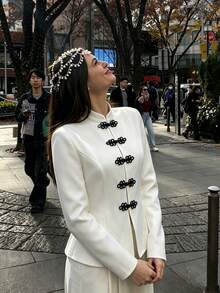 Women's Autumn/Winter White Elegant Shirt, New Chinese Style Black Frog Button Contrast Color Stand Collar Long Sleeve Thin Outerwear, Women's Formal Office Daily Casual Outing Commute Top, Vacation Holiday Beach Outfit, Women's Halloween Christmas Costume, Wedding Guest Attire - White - View 8