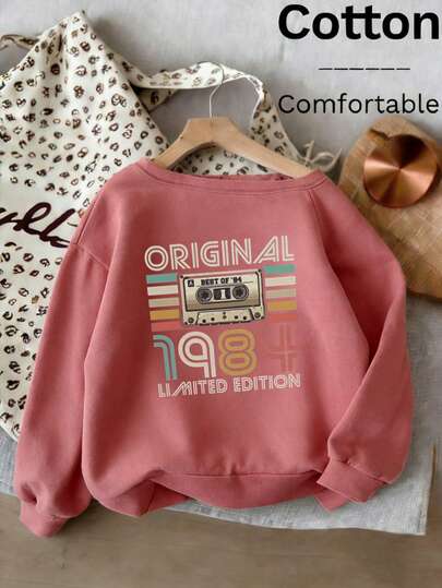 Women's Vintage Pink Sweatshirt 'Original 1984' Cassette Tape Graphic Casual Drop Shoulder Long Sleeve Pullover Top For Fall