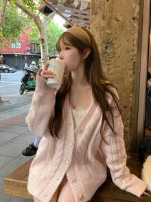 Women's Loose V-Neck Cable Knit Cardigan Sweater Jacket, Solid Color, Autumn/Winter - Pink - View 7