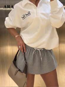ARA CHIC Women's Gray Casual Mini Skirt, Elastic Waist Drawstring A Line Short Skirt, Soft Loose Vacation Weekend Everyday Skirt - Grey - View 3