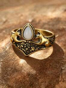 1pc Vintage Cat Ring For Women Gold Color Imitation White Opal Ring Retro Embossed Animal Cat Finger Ring Bohemian Gothic Jewelry Party Birthday Gift - Ring - View 5