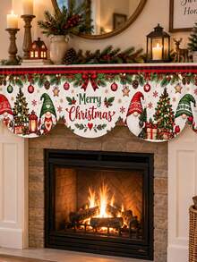 Christmas Fireplace Mantel Scarf, 2026,Red Green Buffalo Plaid Polyester Scalloped Valance With Merry Christmas Lettering Tree Lantern Gift Pine Garland Print, Rustic Holiday Fireplace Decor For Living Room - Multicolor - View 2