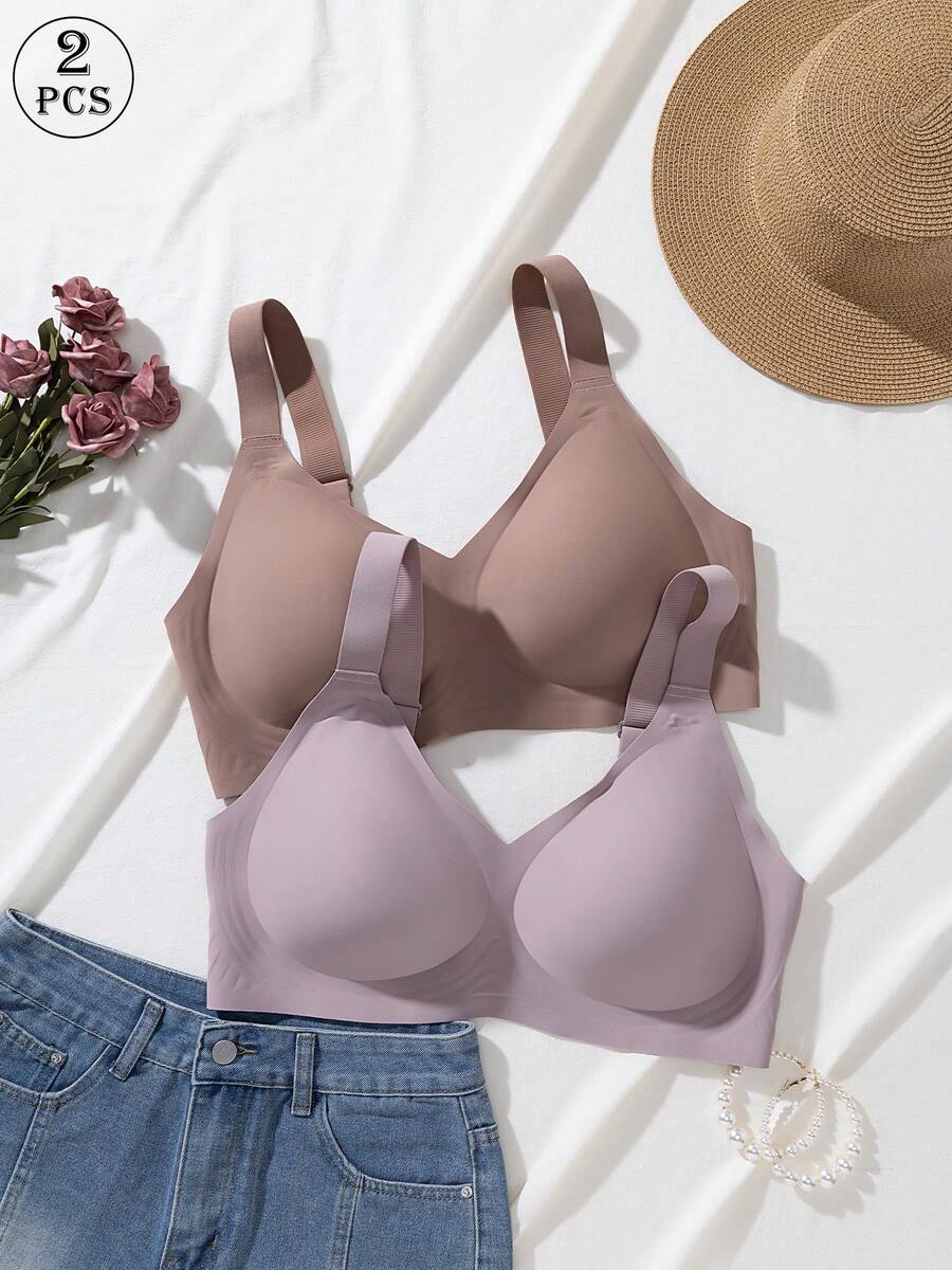 2pcs Jelly Glue Wireless Plus Size Bra With Adjustable Wide Strap, Seamless Back Closure With 4-Row Hooks For Enhanced Support And Cup Stability, Suitable For Commuting, Daily Wear, Home, Sports And Multiple Occasions, Plus Size Women's Bra - Multicolor - View 1