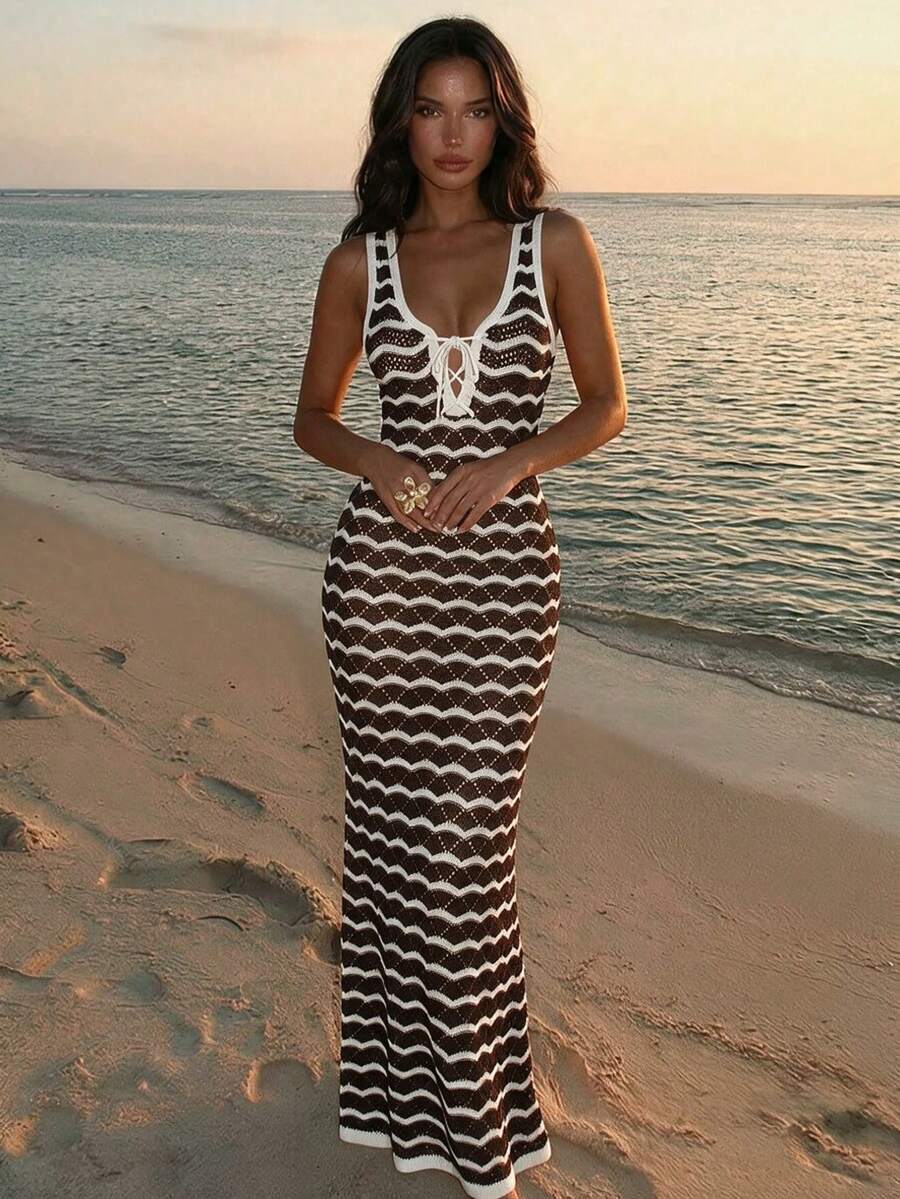 女款極簡優雅純色休閒針織洋裝，春夏度假海灘風，靜奢風