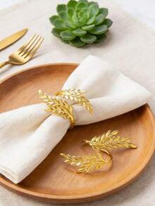 4-30pcs Metal Leaf Napkin Rings, Wheat Ear Napkin Holders, Table Decor Suitable For Wedding, Christmas, Party, Banquet, Dinner - Gold - View 3