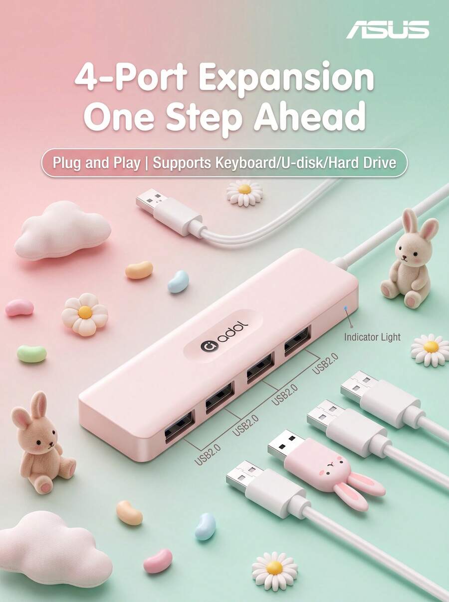 ASUS HA402 USB 分線器,USB 擴充塢轉換器,USB 2.0,小巧便攜,高性能晶片,即插即用,適用於桌上型電腦、筆記型電腦 - 查看 1