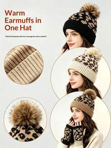 Autumn/Winter Women's Thick Warm Leopard Print Knitted Beanie Hat, Premium European & American Style - Multicolor - View 2