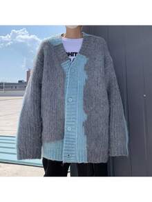 [メンズ&レディース]レトロ オーバーサイズ Vネック カーディガン セーター - ソフトピンク&ブラウン カラーブロック ルーズフィット 冬 暖かい ユニセックス カジュアル アウター パイプトリム - グレー - チェックする 3