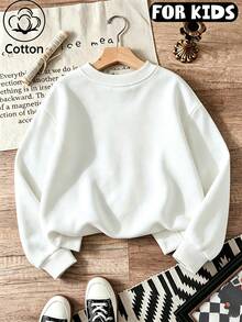 Kids Crew Neck Sweatshirt, Stacked Puppies Kitten Cartoon Printed Cotton Top, Soft Breathable Casual Pullover - White - View 2