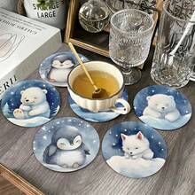 6pcs/Set Cute Polar Animal Wooden Coasters, Watercolor Polar Bear Penguin Seal Arctic Fox Round Heat-Insulating Pads, Thickened Non-Slip Anti-Scald Tea Cup Coasters, 10cm Nordic Style Desktop Decor Coffee Cup Water Cup Pads, Home Dining Table Crafts Small Gift - Wooden Board-coaster - View 1