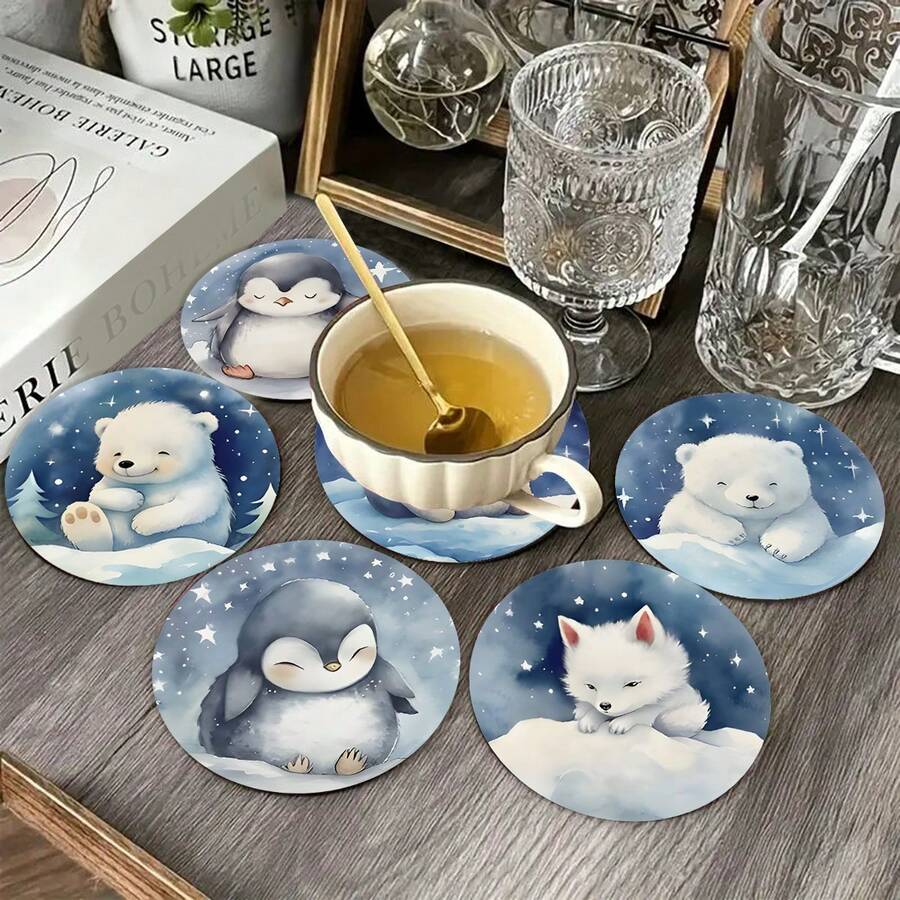 6pcs/Set Cute Polar Animal Wooden Coasters, Watercolor Polar Bear Penguin Seal Arctic Fox Round Heat-Insulating Pads, Thickened Non-Slip Anti-Scald Tea Cup Coasters, 10cm Nordic Style Desktop Decor Coffee Cup Water Cup Pads, Home Dining Table Crafts Small Gift - Wooden Board-coaster - View 1
