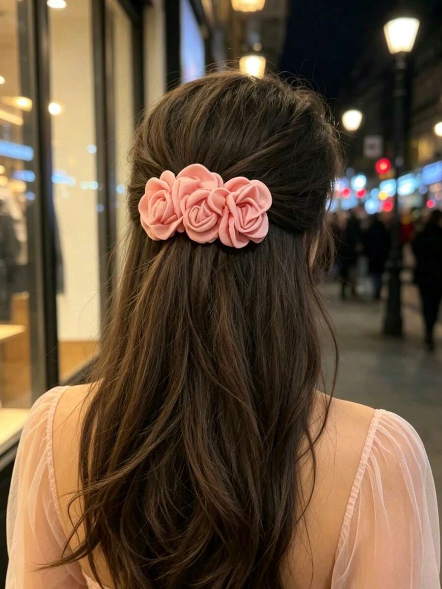 2/1pc French Gentle Pink 3D Fabric Rose Hair Clip Flower Spring Snap Clip Fall Style Dating Evening Party Half-Up Hairstyle Romantic Atmosphere Head Accessory - Multicolor - View 1