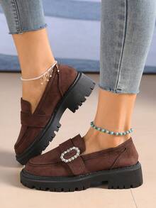 New Women's Rhinestone Decorated Suede Solid Color Retro Loafers Thick Platform Serrated Sole Slip-On Wedge Heels Fashion Versatile - Brown - View 4