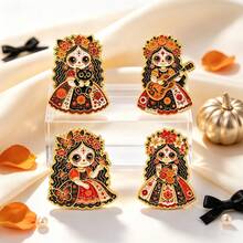 Cute Day Of The Dead Girl Enamel Pin Set, Sugar Skull Lapel Pins, Gothic Floral Skeleton Brooch For Backpack Clothing Hat, Halloween Gift For Friends - Multicolor - View 3
