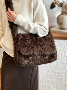 Autumn/Winter Vintage Maillard Brown Faux Fur Flap Shoulder Bag, Soft Faux Fur Large Capacity Crossbody Bag, Versatile Commuter Handbag For Women - Coffee - View 3