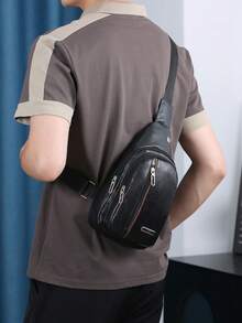 Men's Sling Chest Bag, PU Crossbody Backpack, Casual Daypack For Daily Work Travel Outdoor - Black - View 5