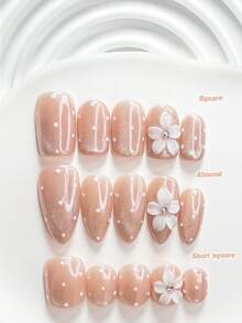 10片裝秋季極簡手工穿戴甲，波點花卉白色 Poly Gel 美甲套組，可愛風格，含美甲工具，3種尺寸可選，方型/短方型/杏仁形，適合派對、跳舞、日常配戴（手工細節可能有所不同） - 彩色 - 查看 1