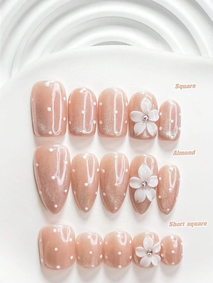10片裝秋季極簡手工穿戴甲,波點花卉白色 Poly Gel 美甲套組,可愛風格,含美甲工具,3種尺寸可選,方型/短方型/杏仁形,適合派對、跳舞、日常配戴(手工細節可能有所不同) - 彩色 - 查看 1
