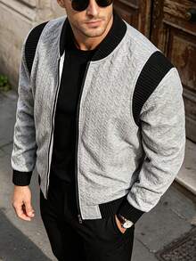 Men's Spring/Autumn Ribbed Patchwork Textured Jacquard Baseball Collar Zip-Up Sweatshirt, Casual Versatile - Grey - View 1