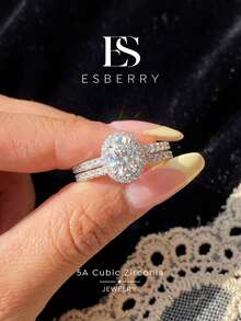 ESBERRY 2件組高光澤亮面圓形立方鋯石裝飾婚戒，女性情人節禮物訂婚新娘珠寶 - 橢圓雙層套戒 - 查看 1
