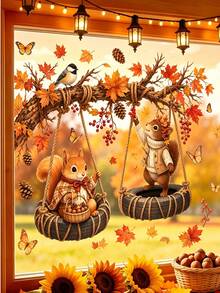 "Hello, FALL" Squirrel Swing Window Sticker, Removable Glue-Free Static Cling Glass Decal, Tree Branch Tire Swing Squirrel Bird Butterfly Berry Pine Cone Acorn Maple Leaf Pattern Design, Home Window Decor Beautification Sticker, Glass Surface Decorative Art Decal, Home Window Decor Beautification, Home Study, Living Room, Bedroom Glass Door Window Atmosphere Decoration Sticker - Multicolor - View 4