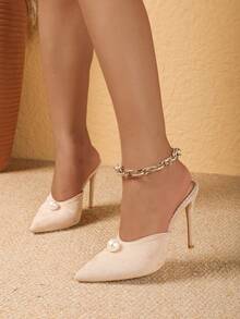 Sexy Fashionable Large Pearl Decor Pointed Toe Stiletto High Heel Mule Women's Apricot Color Pumps - Apricot - View 4