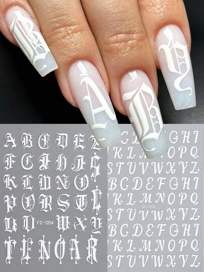 4/2Pcs Gothic Alphabet Nail Stickers, Vintage Old English A-Z Letter Nail Art Decals, Y2K Autumn/Winter Punk-Style Nail Art Decorations, DIY Nail Salon Supplies