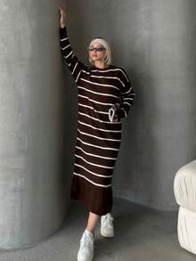 Sweater Dress; Women Striped Pattern Drop Shoulder Polo Neck, 26 Fall/ Winter New - Brown - View 3