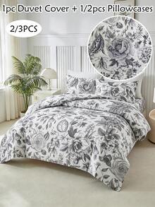 高級黑白花卉素描床寢套裝，2件或3件組（1件被套 + 1件或2件枕套），藝術線條繪製花卉圖案，優雅質感，柔軟透氣面料，美式復古風，適合四季使用，輕鬆打造寧靜且具質感的療癒臥室 - 黑與白 - 查看 2