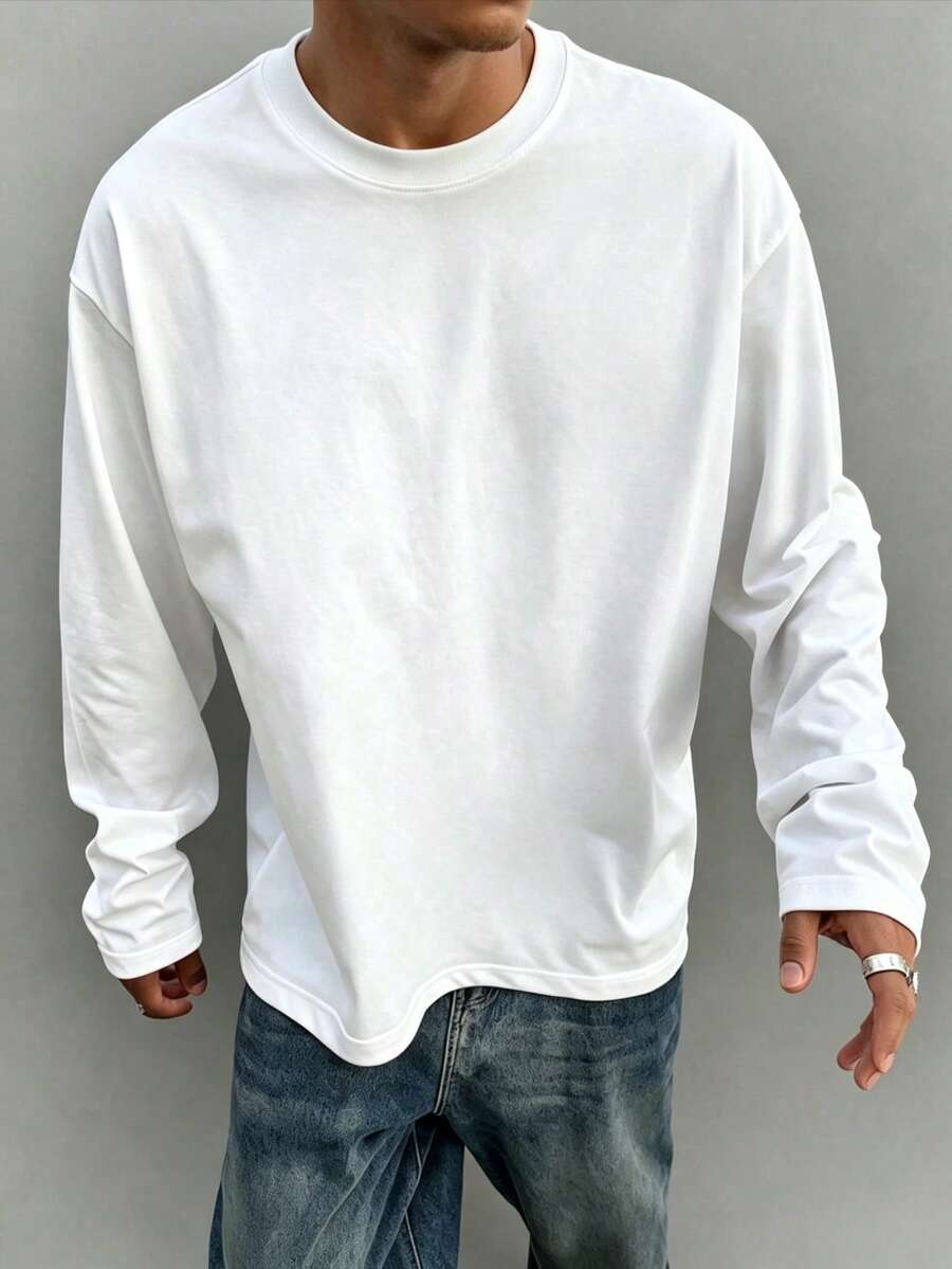 Men's Classic Solid Color Crew Neck Long Sleeve T-Shirt, All-Season Wear, Essential Long Sleeve For Autumn/Winter Wardrobe
