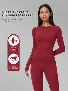 MFVIM Women's Autumn/Winter New Solid Color Long Sleeve + Long Pants 2 Pieces Yoga Sports Pilates Set - Cherry Red - View 2