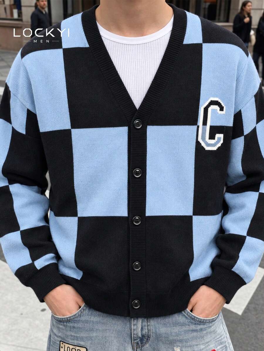 Men's Blue & Black Checkered V-Neck Knit Cardigan, Single-Breasted Retro Collegiate Style Loose Sweater Jacket - Blue - View 1