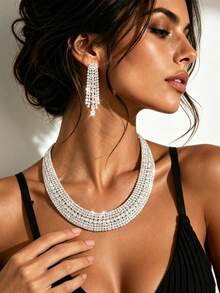 Exquisite Sparkling Multi-Layer Rhinestone Necklace & Earrings Jewelry Set, Bridal Wedding Women's Wedding Dress & Evening Gown Wear - Silver - View 1
