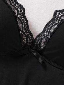 Women's Black Lace Splice Sleep Dress With Romantic Side Slit And Bowknot Design - Black - View 5