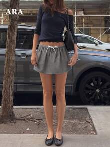 ARA CHIC Women's Gray Casual Mini Skirt, Elastic Waist Drawstring A Line Short Skirt, Soft Loose Vacation Weekend Everyday Skirt - Grey - View 8