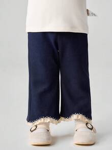 mini bala 女嬰冬季穿著抓絨內裡喇叭褲 柔軟牛仔風長褲 - 牛仔深藍 - 查看 1