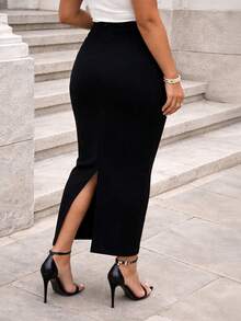 Plus Size Women's Black Mid-Length Pencil Skirt, Front Zipper Design, High Waist Elastic, Suitable For Office, Casual, Date And Party Occasions In Spring - Black - View 2
