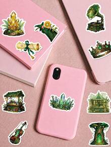 56Pcs Green Forest Magical Witch Mixed Stickers, Fresh Watercolor Texture, Fantasy Patterns Including Magic Carriages, Deer Antler Spirits, Ancient Spell Books And Flower Butterflies, For Laptop, Helmet, Guitar, E-Bike Shell Decoration - Multicolor - View 3
