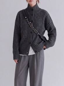 Women's Knitted Turtleneck Cardigan, Short Length Long Sleeve, Button Detail, Warm Winter Fashion Coat - Dark Grey - View 4