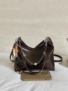 1pc Women's Solid Color PU Shoulder Crossbody Bag, Fashionable Retro Oil Wax Leather Chain Decor Crescent Bag, Suitable For Commuting And Shopping - Coffee Brown - View 4