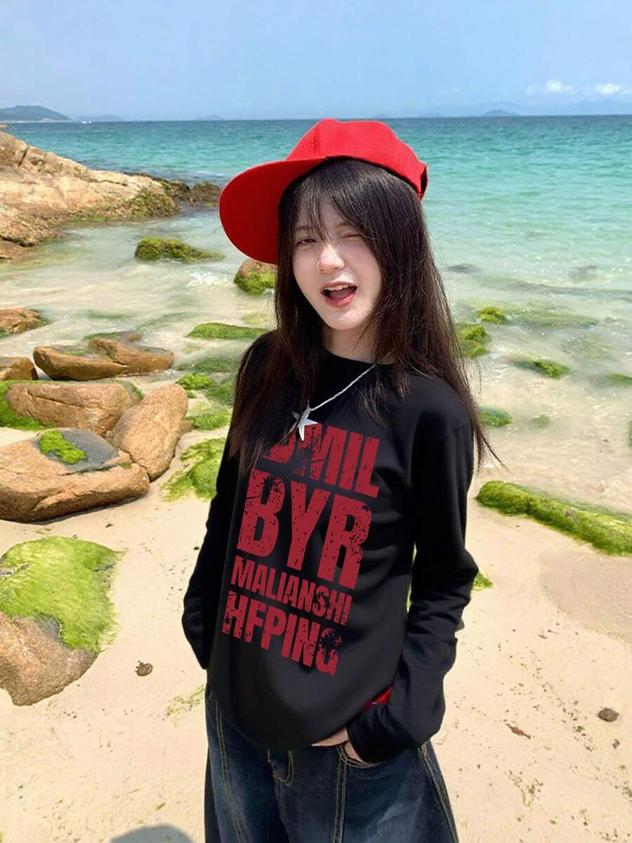 Autumn/Winter New Gen Z Y2K Style Women's Top With Design-Driven English Print Round Neck Long Sleeve T-Shirt - Black - View 1