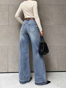 Light Wash Straight Leg Jeans, Suitable For Women's Casual Spring Wear, Button Decor, Medium Stretch Fabric, Long Length - Light Wash - View 4