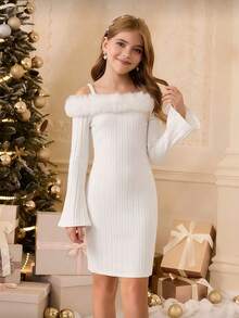 Girls Cold Shoulder Ribbed Knit Dress, Textured Flared Long Sleeve Slim Fit Mini Dress, Elegant Winter Christmas Party, Birthday Party Outfit - White - View 1