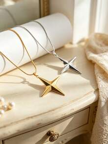 1pc Exaggerated Vintage Stainless Steel Gold-Plated Cross & Oversized Star Pendant Necklace, Unisex, Daily Wear, Couple Gift, Holiday Gift - Multicolor - View 2