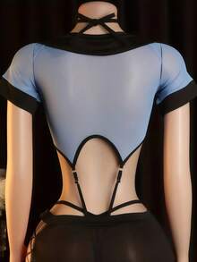 Women's Themed Role Play Costume Set, Mesh Short Sleeve Top + Bodycon Mini Skirt With Tie, Suitable For Halloween Party Outfit - Dusty Blue - View 4